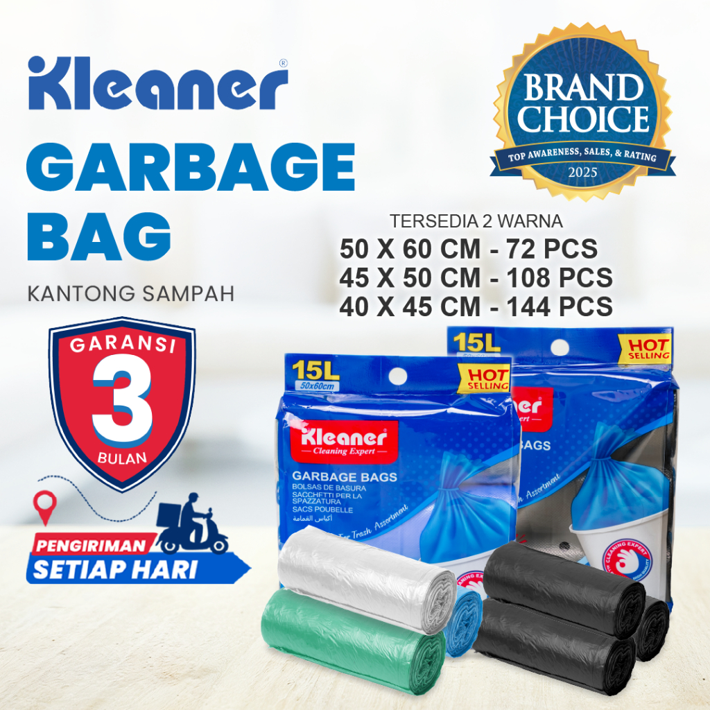 Kleaner Trash Garbage Bag 3 Roll Kresek Plastik Kantong Sampah Hitam dan Berwarna Kuat Anti Bocor