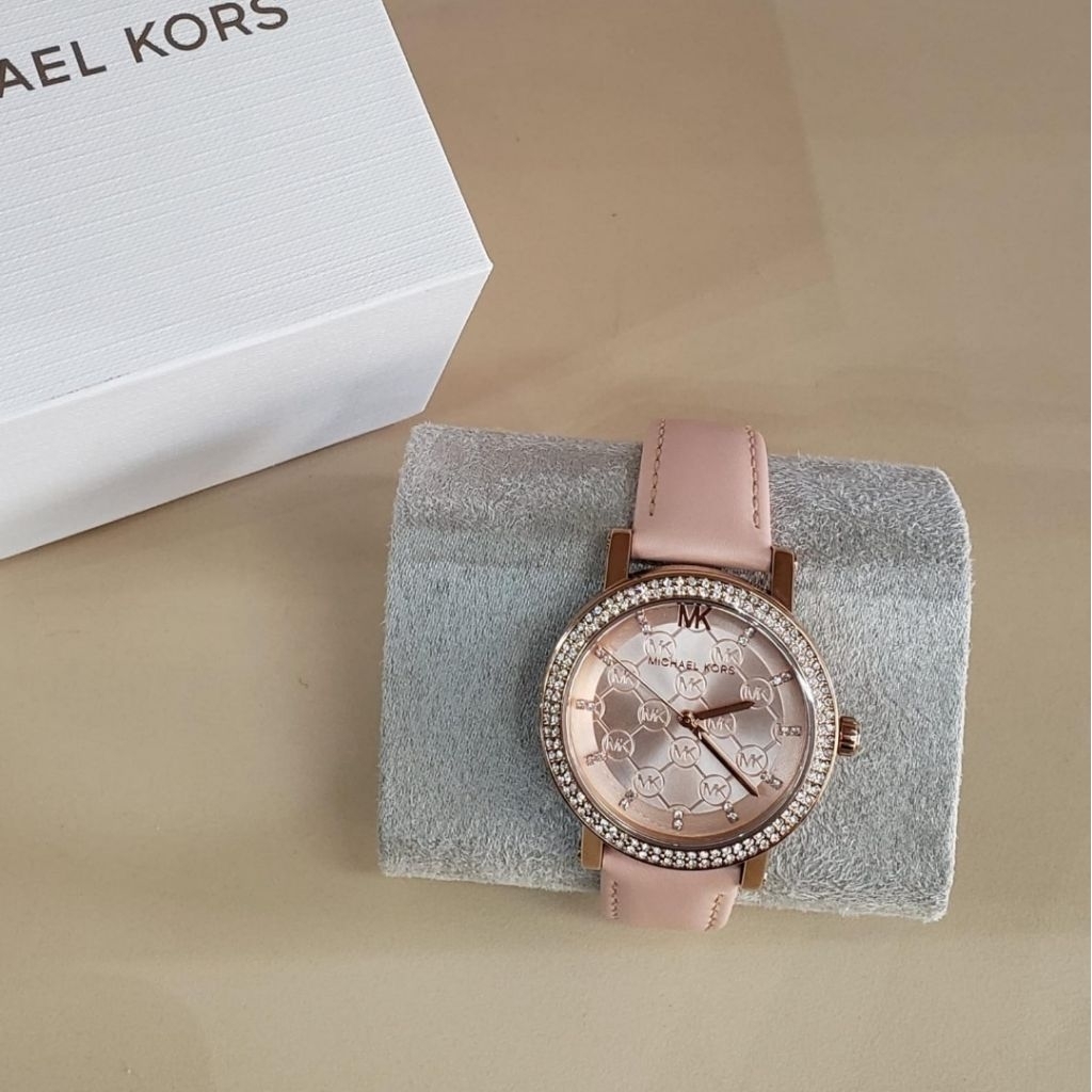 Ready MK2987 Corey Rose Gold Dial Pink Leather Strap, Women Watch 38mm