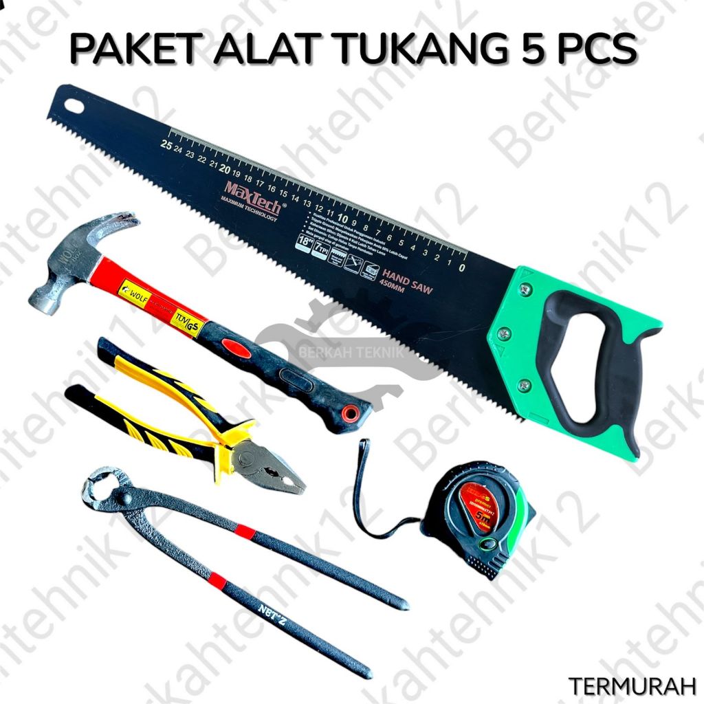 PAKET TUKANG - Gergaji Kayu Gagang Fiber 18 Inch Siap Pakai Palu Besi Kambing Gerigi 8oz Gegep Tang 