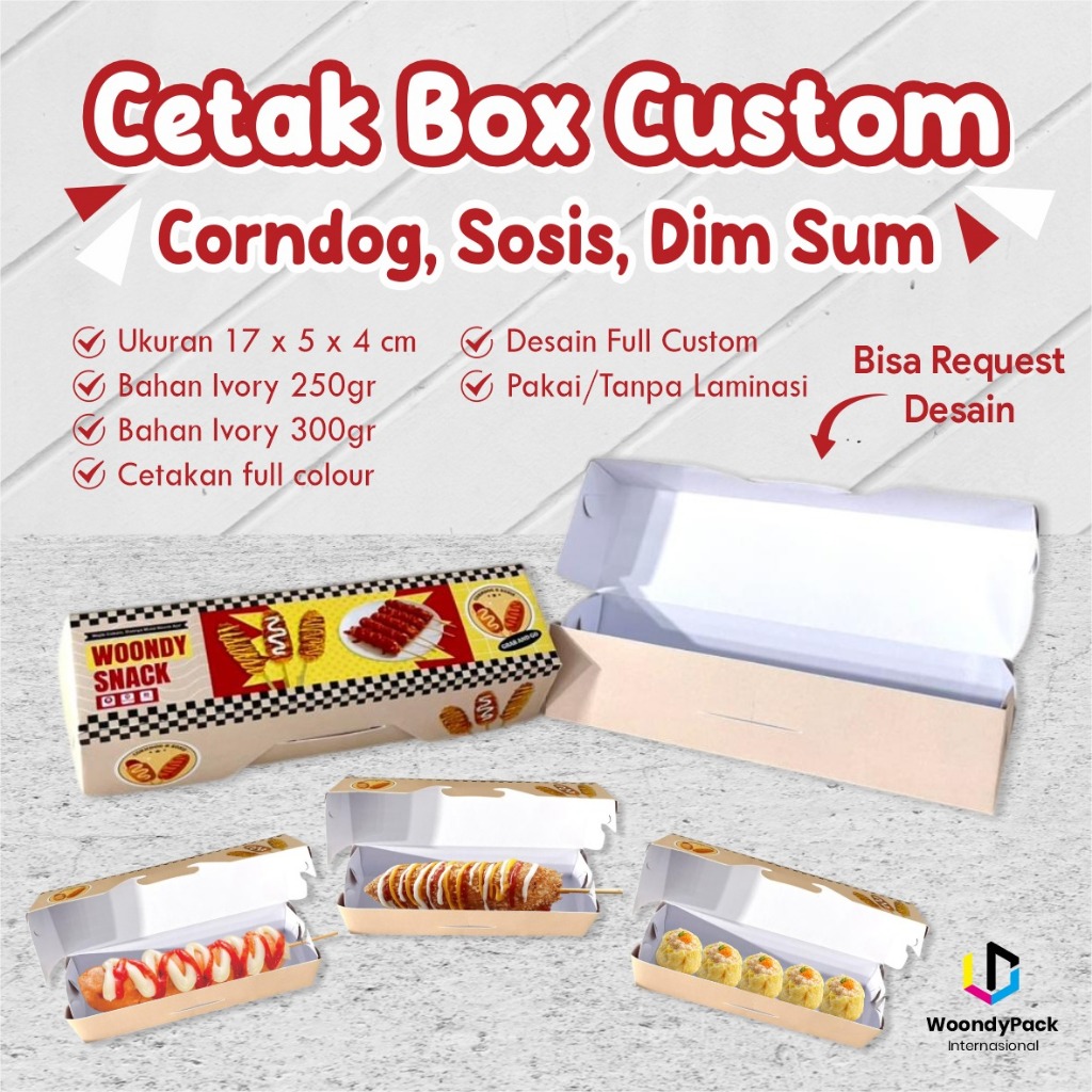 Cetak Dus Packaging Corndog Sosis Full Color Murah | Box Snack Panjang Custom Ivory Grosir