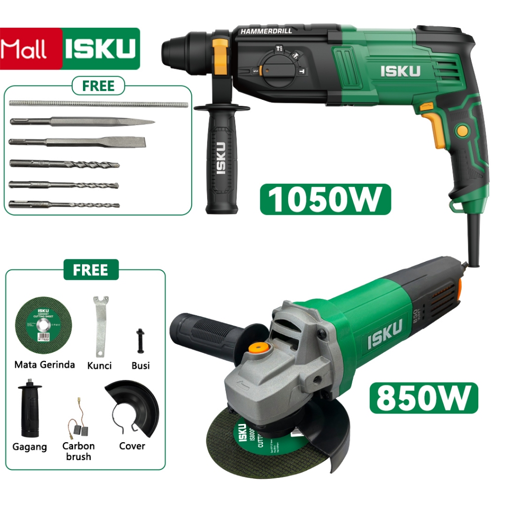 ISKU Hammer Drill Set Bor Drill Bor Beton Drill Mesin 750W Isku Mesin Gerinda Tangan 500W Set penggi
