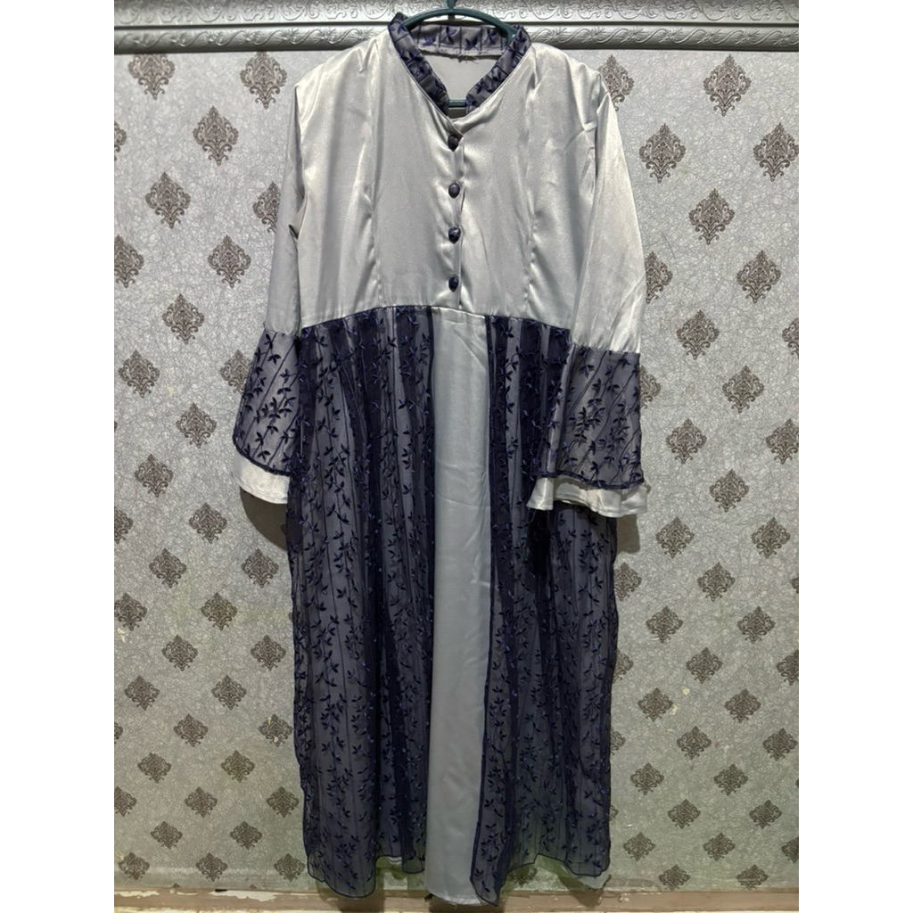 preloved gamis kondangan pesta warna silver kombinasi navy