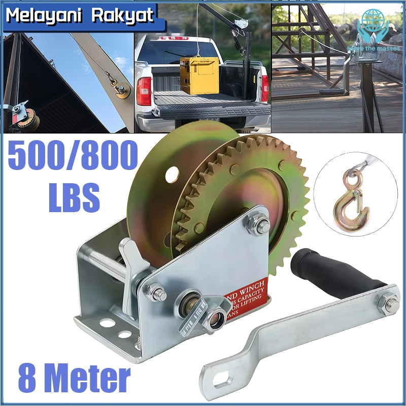 800/500LBS Katrol Winch Manual 8Meter Wire Rope Derek Pengangkat Winch Wire Rope Hand Winch Boat Ker