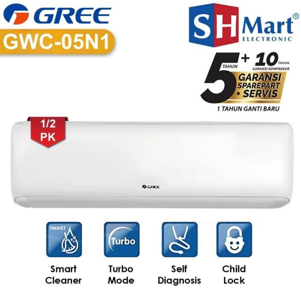 Ac Gree 1/2 Pk GWC-05N1 Smart Cleaning Black Diamond Garansi Resmi (MEDAN)