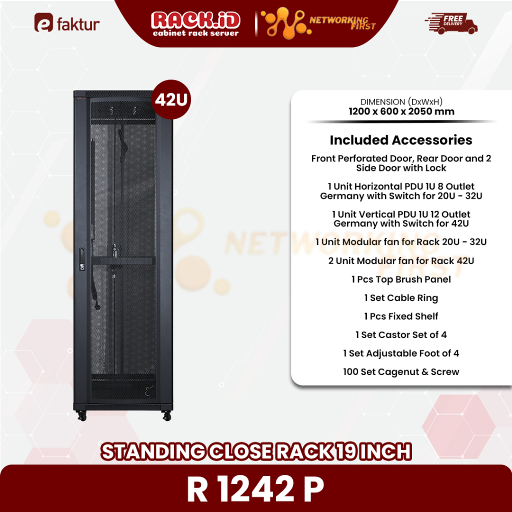 Close Rack 42U Rak Server 42U Depth 1200mm Perforated Door RACKID R1242P