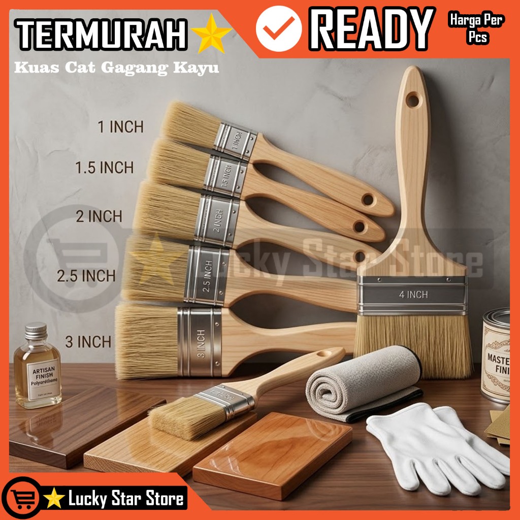 Kuas Cat Gagang Kayu Alat Cat Tembok Air Minyak Besi Paint Brush Bulu Putih Tebal Ukuran 1 1,5 2 2,5