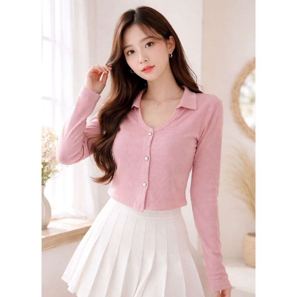 Kaos Rib Krah Kancing 4 Atasan Wanita Lengan Panjang Kancing