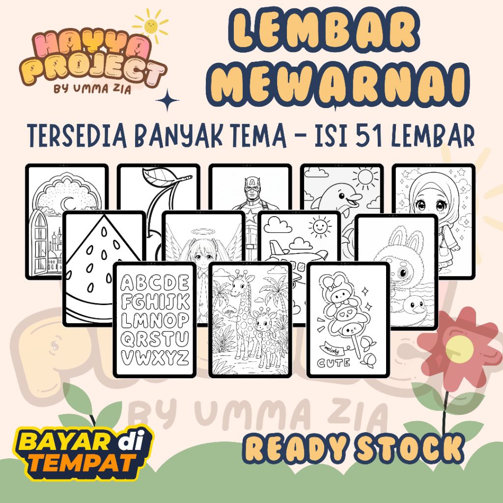HAYYA PROJECT - 51 LEMBAR MEWARNAI GAMBAR PAUD TK SD PEMANDANGAN ALAM BUAH SAYUR TRANSPORTASI ALPHAB