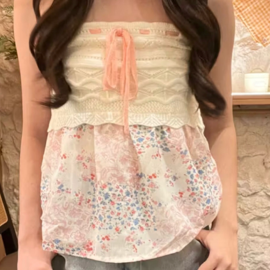 (READY STOCK) Knit Floral Tube Top, Atasan Wanita Hollister Babydoll