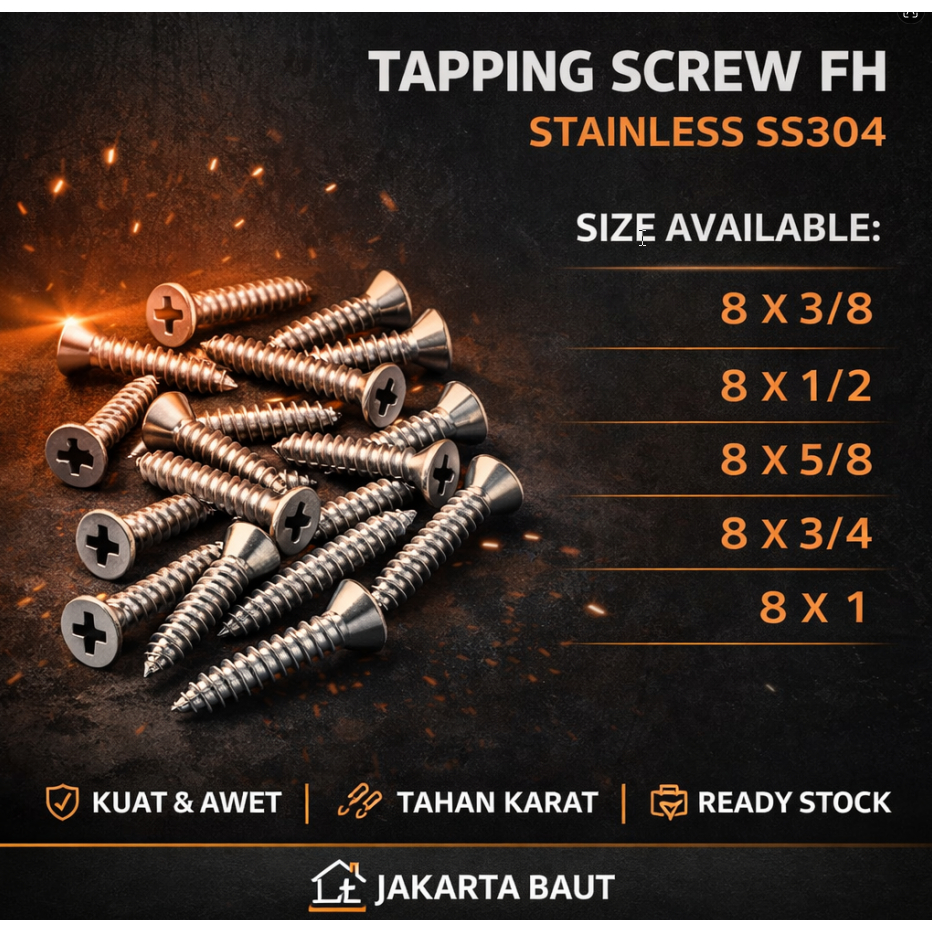 FAB 8X  3/8 Tapping Screw FH 8 X   3/8 Skrup Kepala Rata Stainless SS304