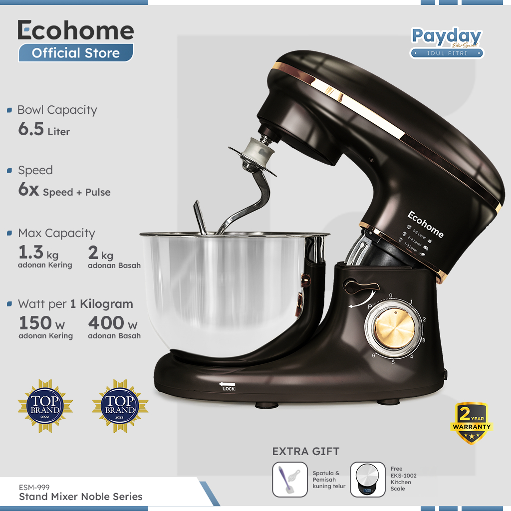 ECOHOME Stand Mixer Noble Series ESM999 6.5L Premium Stand Mixer Stainless Steel Bowl Heavy Duty