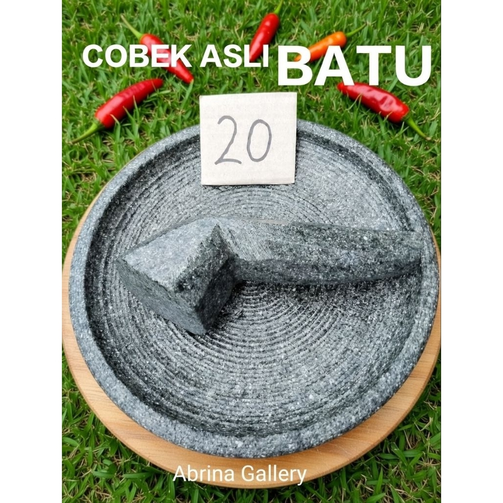Cobek Batu Asli Gunung Ukuran 20cm + Ulekan - Anti Karat, Anti Jamur, Kuat, Anti Luntur, Tahan Lama,