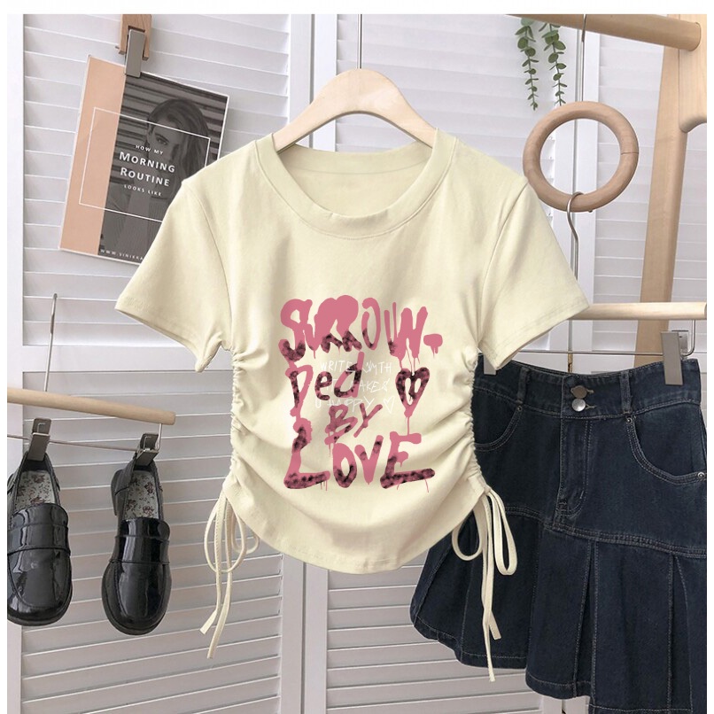 TGNS.Tali serut  kaos Hitam Vintage Retro  pink letters  t shirt  korea Wanita Baju Crop Top/149