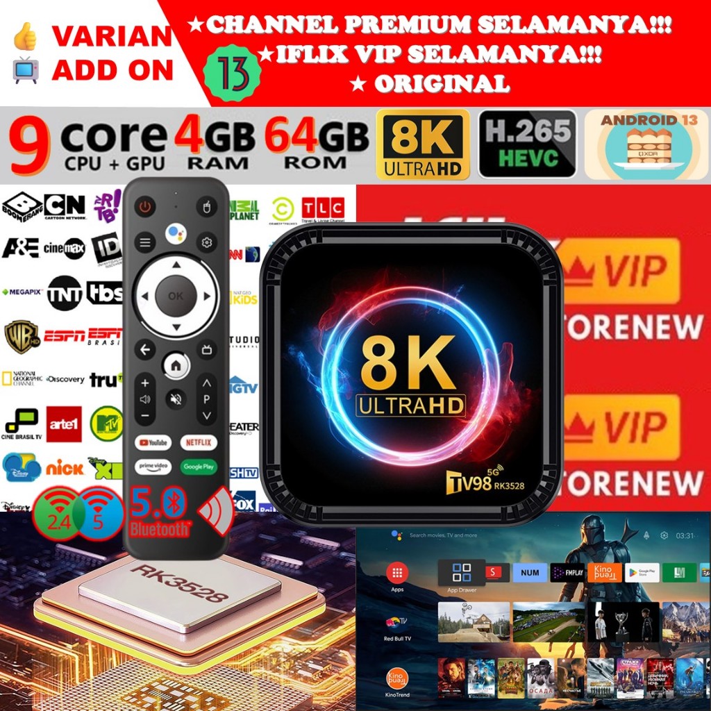 Android TV Box STB Unlock Full Channel TV Iflix TV98 PRO Voice Remote Ram 4GB Rom 32GB 4/32 WiFi 8K