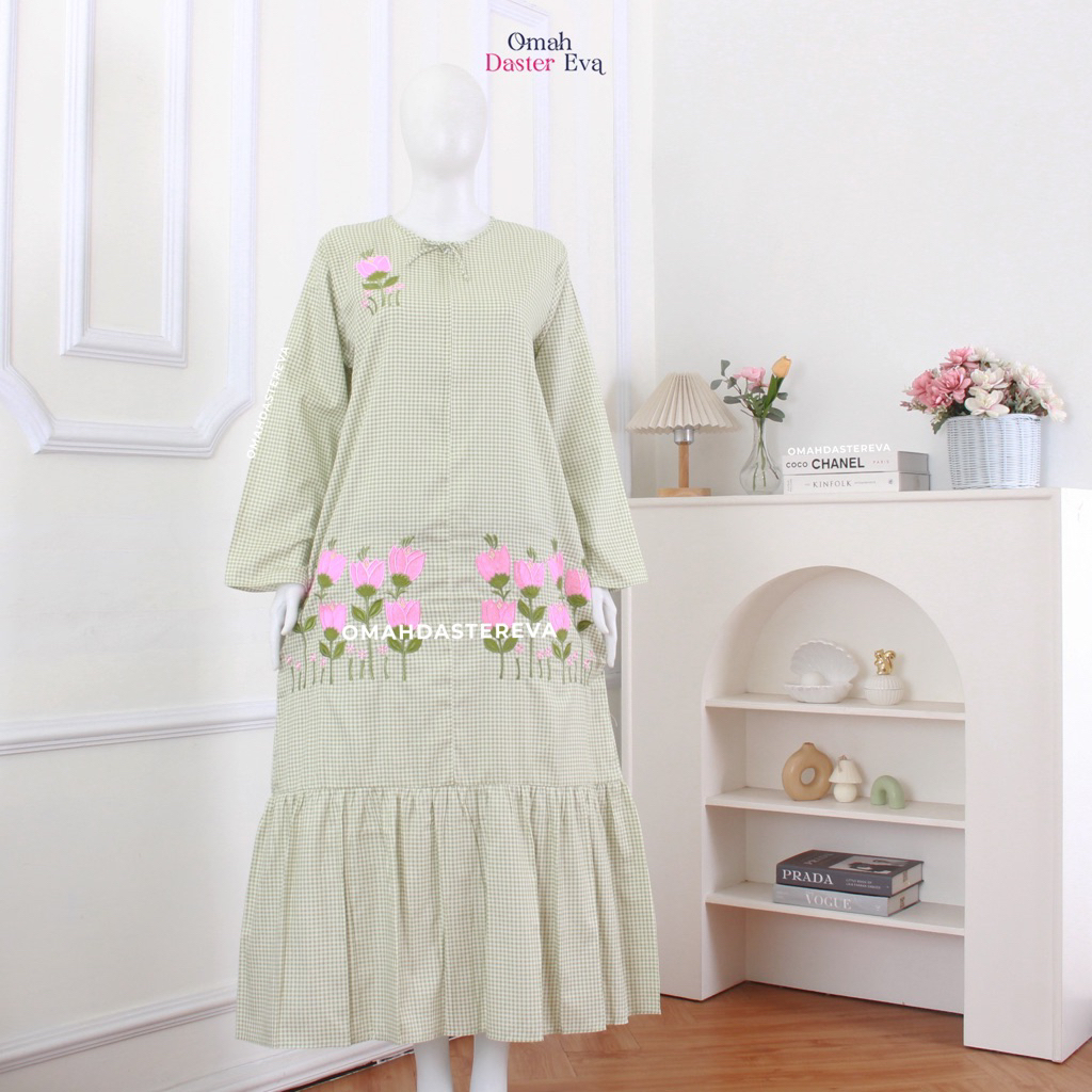 Omah Daster Eva | Daster Wanita Panjang Rumbai Bordir Cantik Malang Size L | Katun Jepang Premium | 