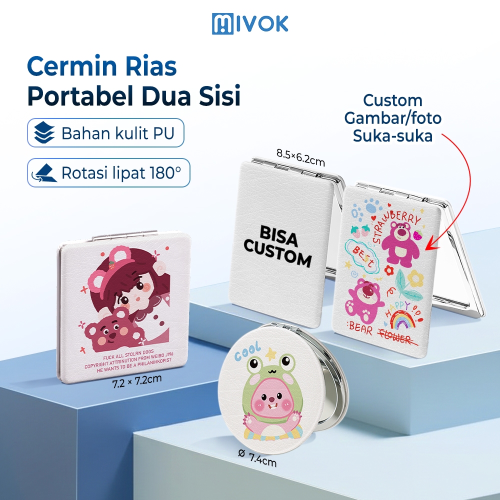 MIVOK Cermin Kecil Make Up Lipat Custom Cermin Kaca Rias Portable Aesthetic Mini Gambar Karakter