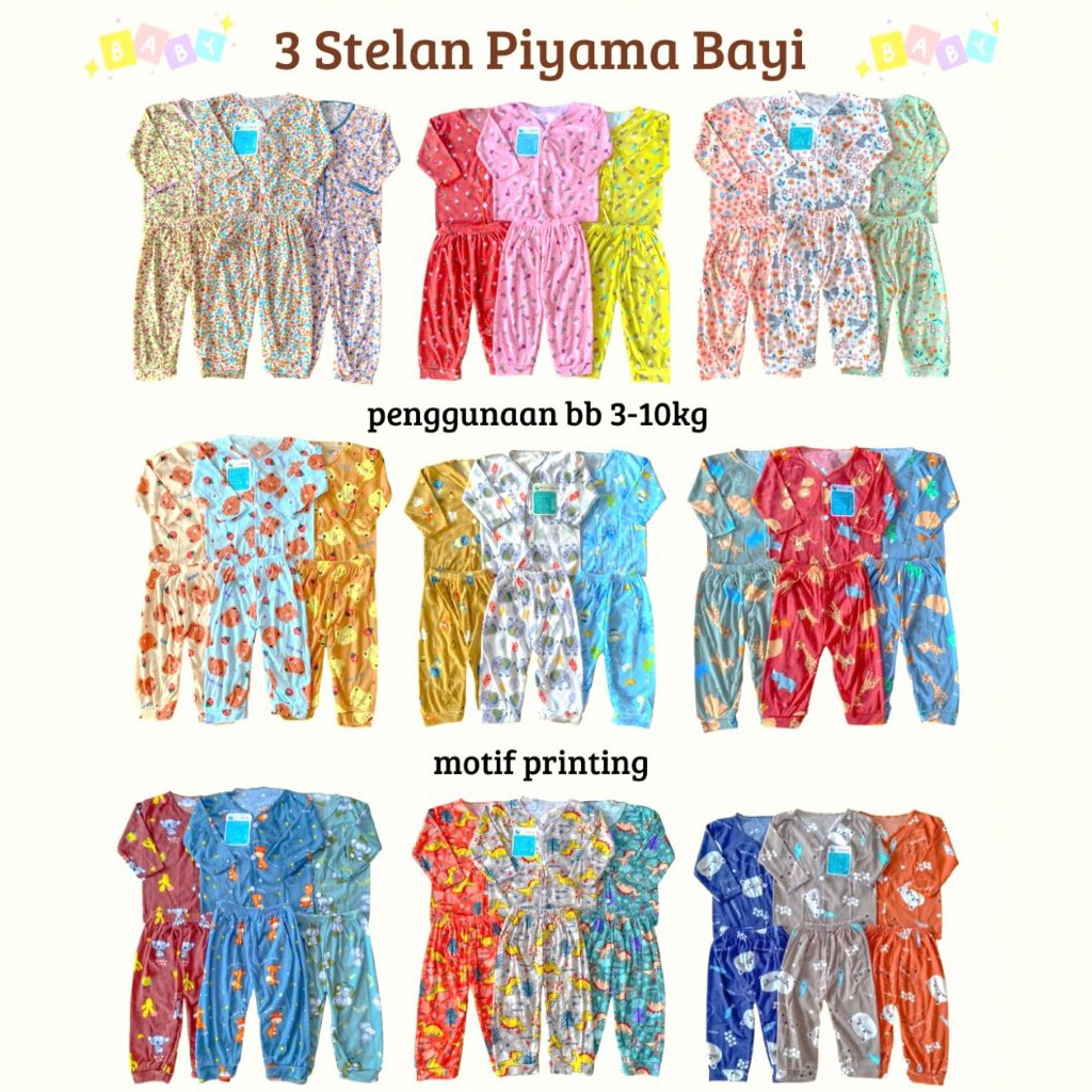 NAKITA Paket 3 Stelan Baju Bayi Printing SNI Baru Lahir M-L Lengan Panjang Piyama Kancing Depan Akti