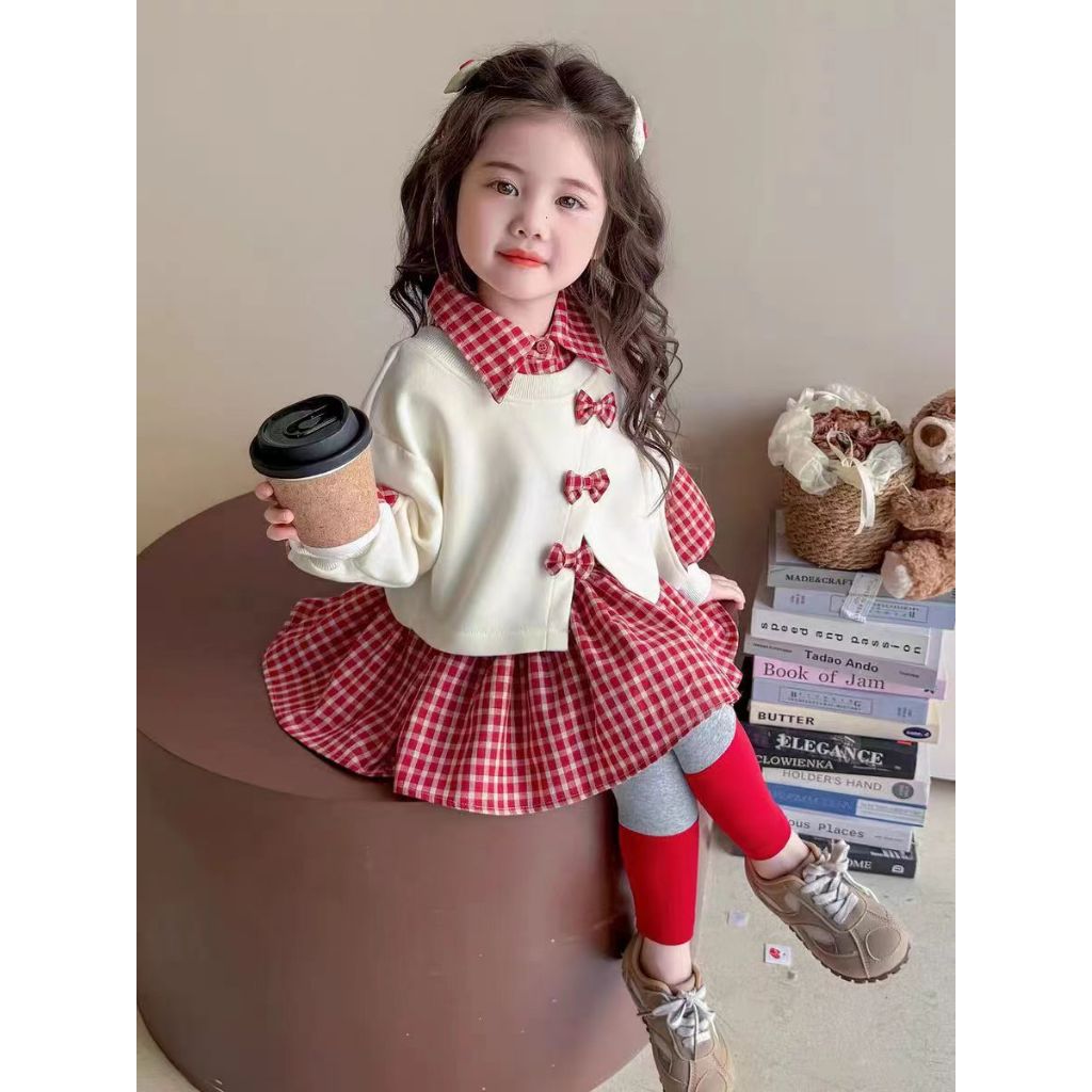Set Dress Layer Kotak Merah + Outer Anak Perempuan Korean Style