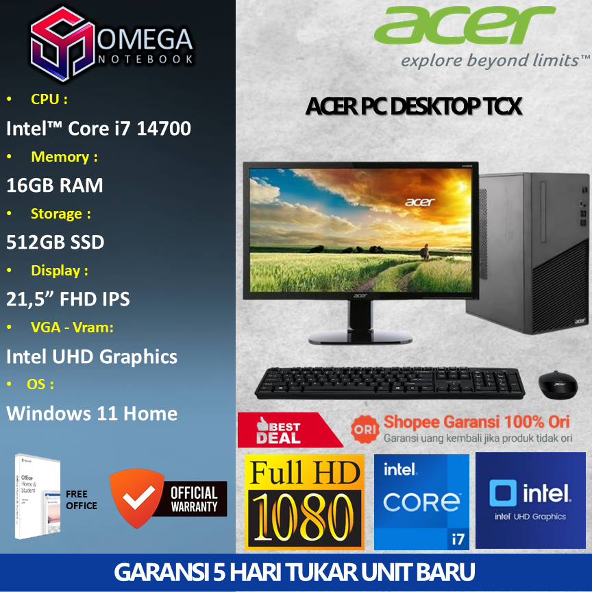 ACER PC Desktop TCX Core i7 14700 16GB 512GB 21,5 Windows 11 + Office