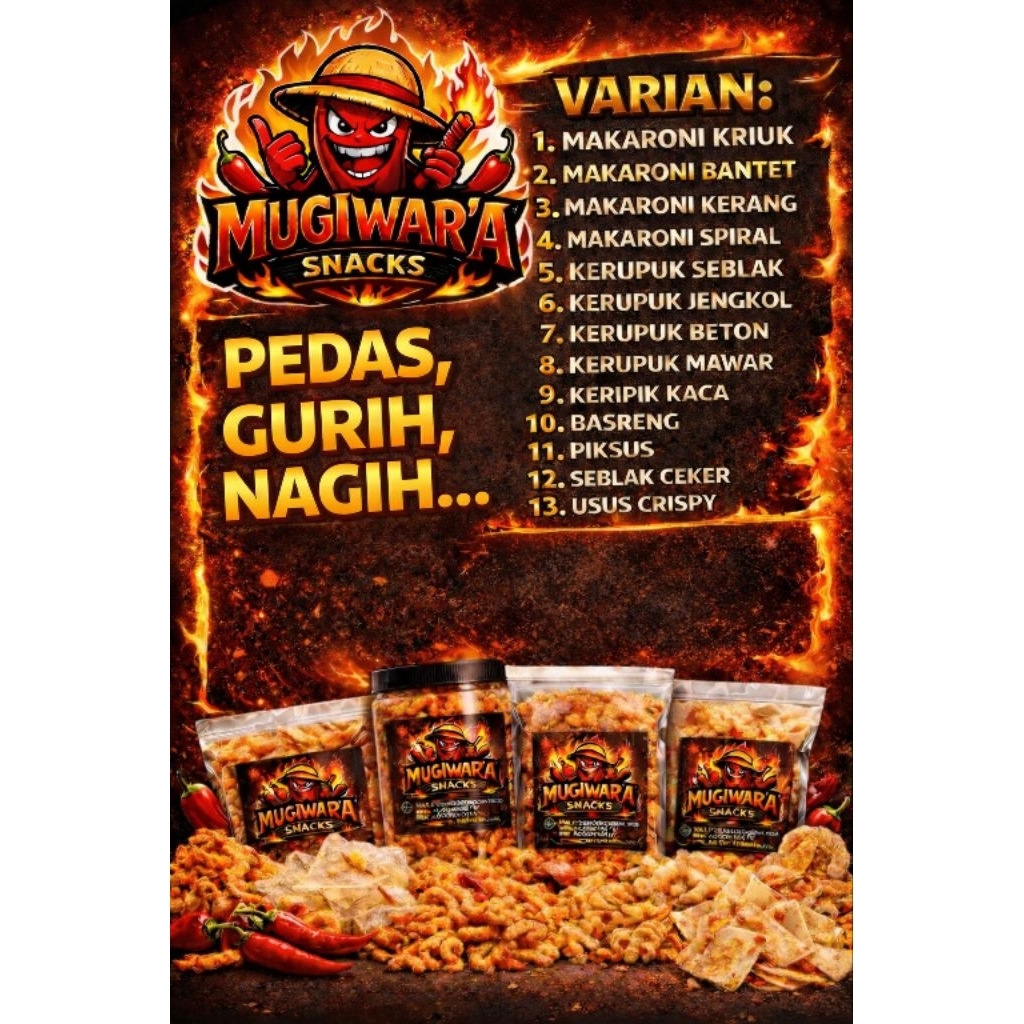 makaroni bantet, kriuk, uril, Kerang, basreng,pikca, seblak ceker