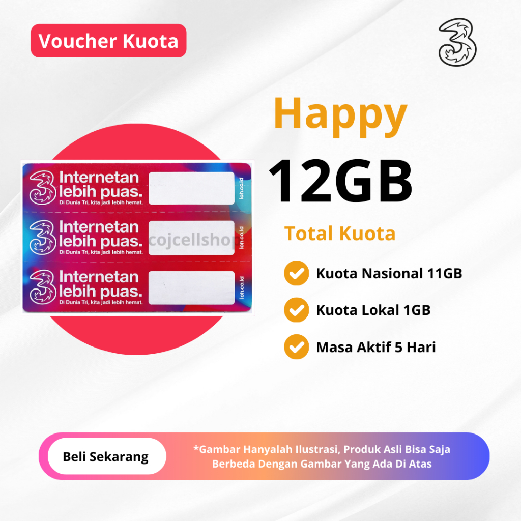 Voucher Kuota Data Tri 12GB 5 Hari | Bandung | Grosir | Eceran - Voucher Kuota Tri Happy 12GB 5 Hari