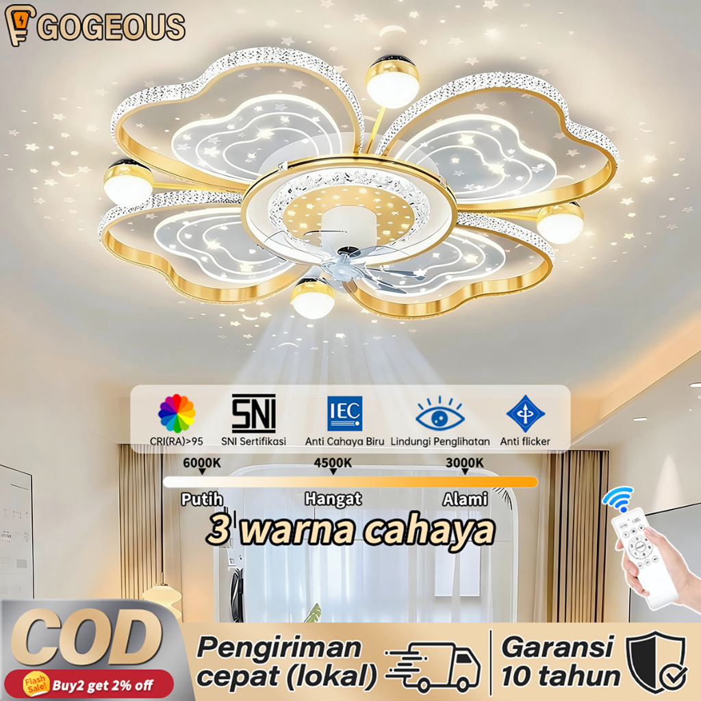 GLOWVIA Lampu Kipas Angin Kristal Remote Led 3 Warna Kipas Angin Plafon  Lampu Plafon Lampu Gantung 