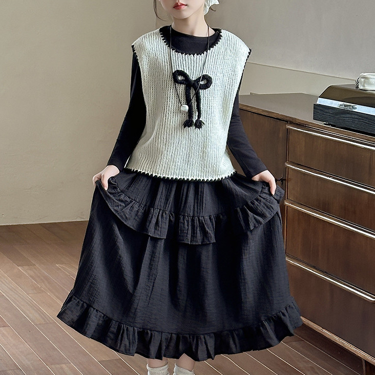 Set Rompi Anak Perempuan Sweater Rajut Besar Rompi Dasar Kemeja Rok Setengah