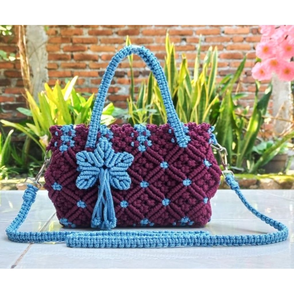 Tas rajut motif mawar tas macrame terbaru tas wanita model baru hanbag dan selempang tas motif bunga
