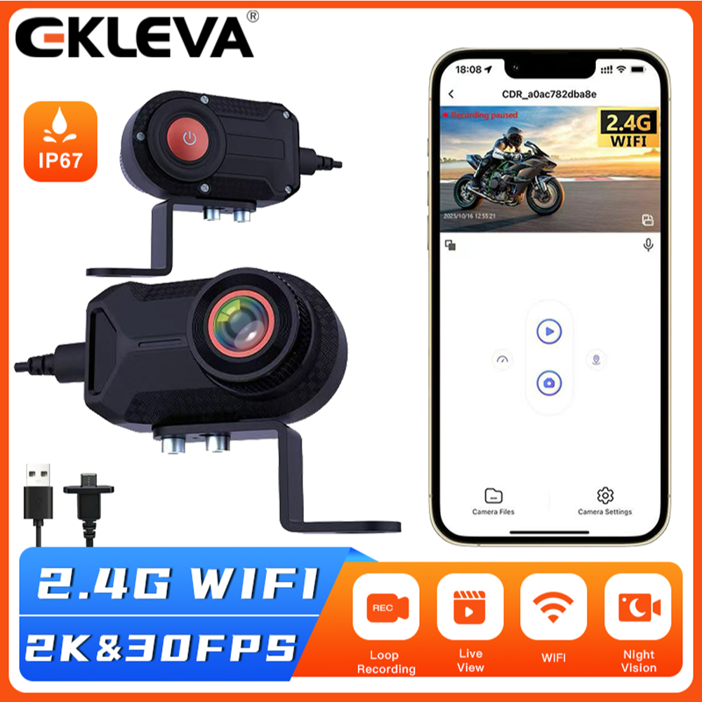 EKLEVA Dash Cam Motor 3" LCD Dual Camera 720P Depan Belakang G-sensor WDR Dudukan Stang Moto