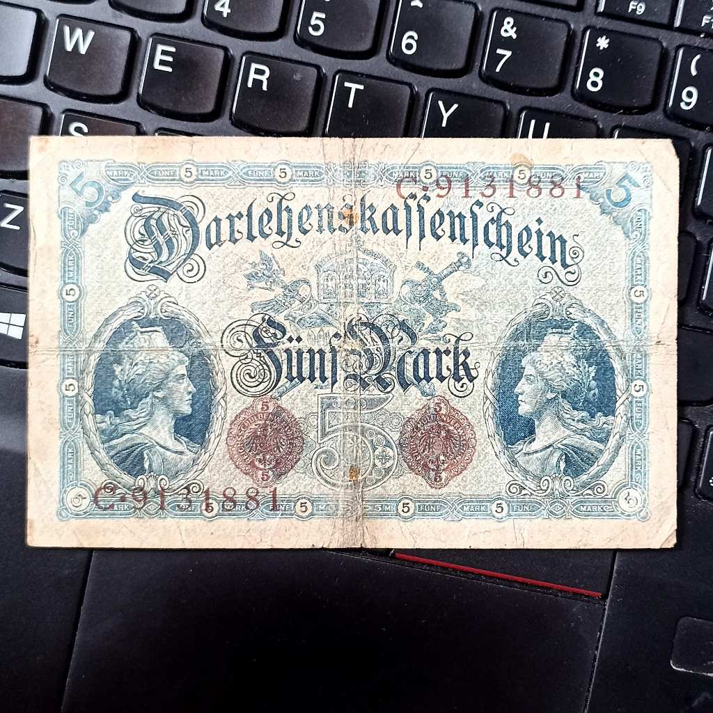 Uang Kuno Jerman 5 Mark Darlehenskassenschein tahun 1914