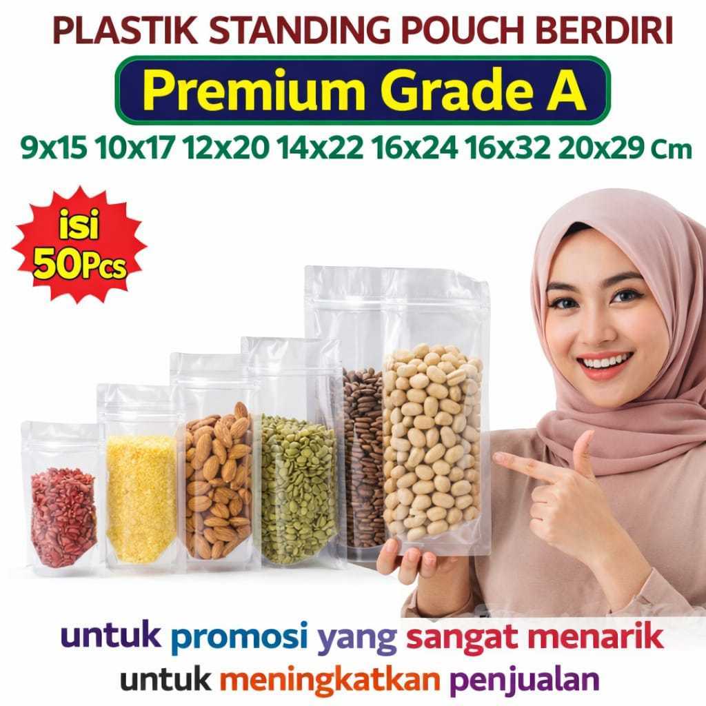 Plastik Ziplock Seal Stp Standing Pouch 16x32 - 20x29 - 16x24 - 14x22 - 12x20 - 10x17 - 9x15 50Pcs