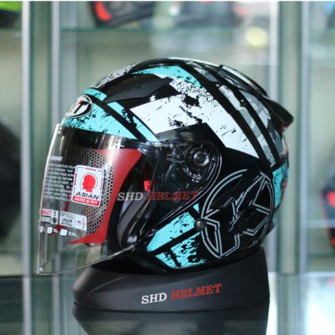 Helm Half Face KYT Galaxy Flat R Motif Seri 5 Aqua Blue Double Visor Hitam Biru