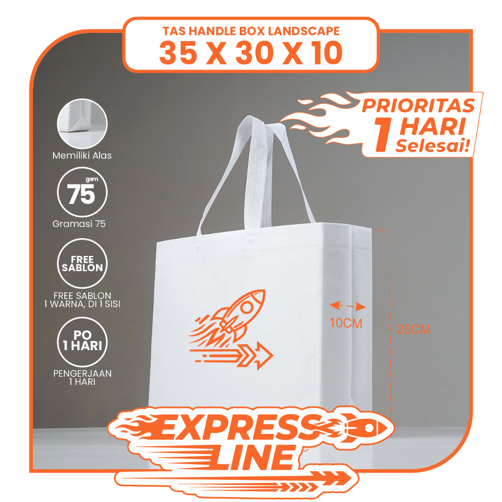 TAS SPUNBOND LIPAT BOX LANDSCAPE 35X30 SABLON COSTOM 1 HARI JADI (EXPRESS LINE) UNTUK TAS SOUVENIR, 