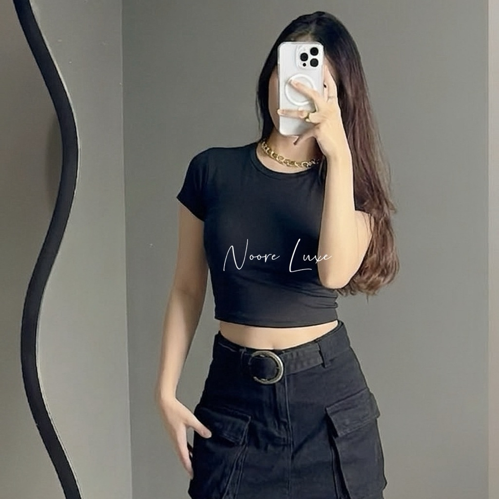 Noore Luxe - 10/10 Crop Top Knit Baju Wanita Korean Style Oneck Spandex Terbaru Premium