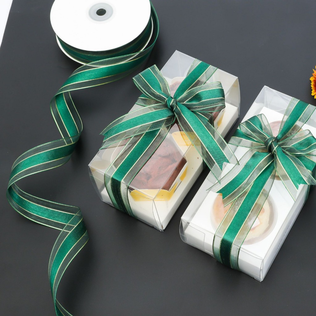 Ribbon Kain Sutra Hijau Dongker Garis Emas Motif Polos Untuk Dekorasi  2,5 cm 50 yard 45,7meter