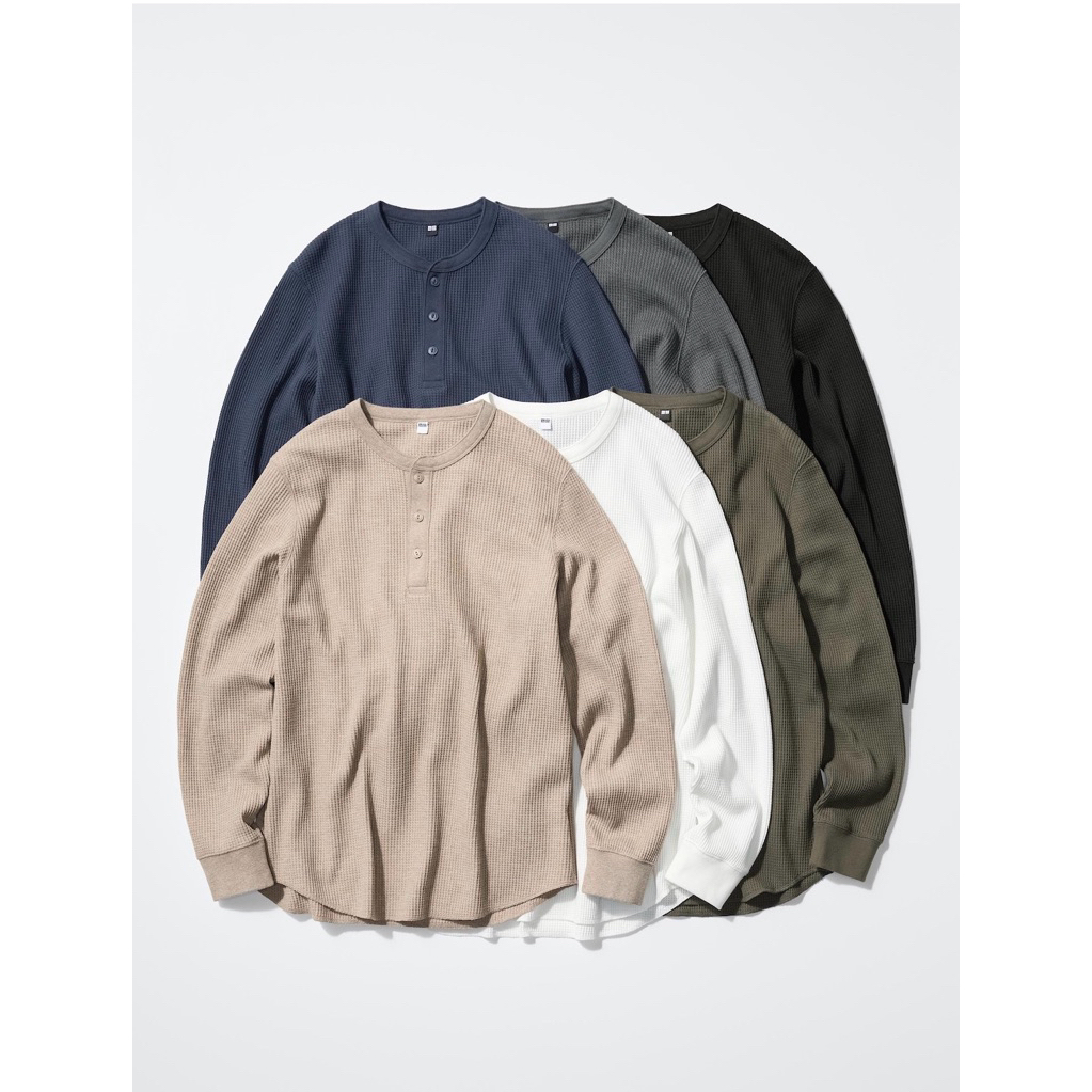 UNIQLO Size XS Waffle Henley Shirt Long Sleeve Kaos Unisex Lengan Panjang