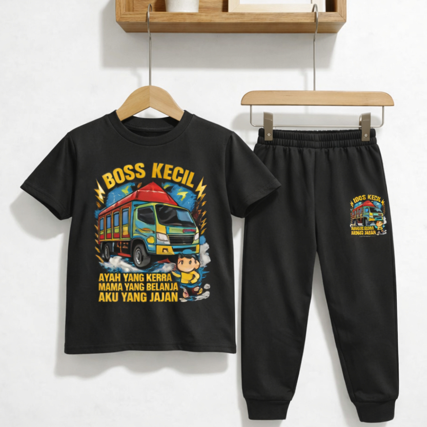 Setelan Anak Laki laki Kaos dan Celana Jogger Motif BOS KECIL TRUCK Usia 5-15 Tahun