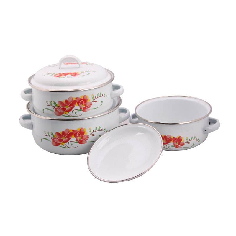 Panci Set 3 Susun Enamel SNI Tutup Kaca16, 18, 20cm Pot Kuping Sop Soup Wok Pan Kedaung Motif Kemban
