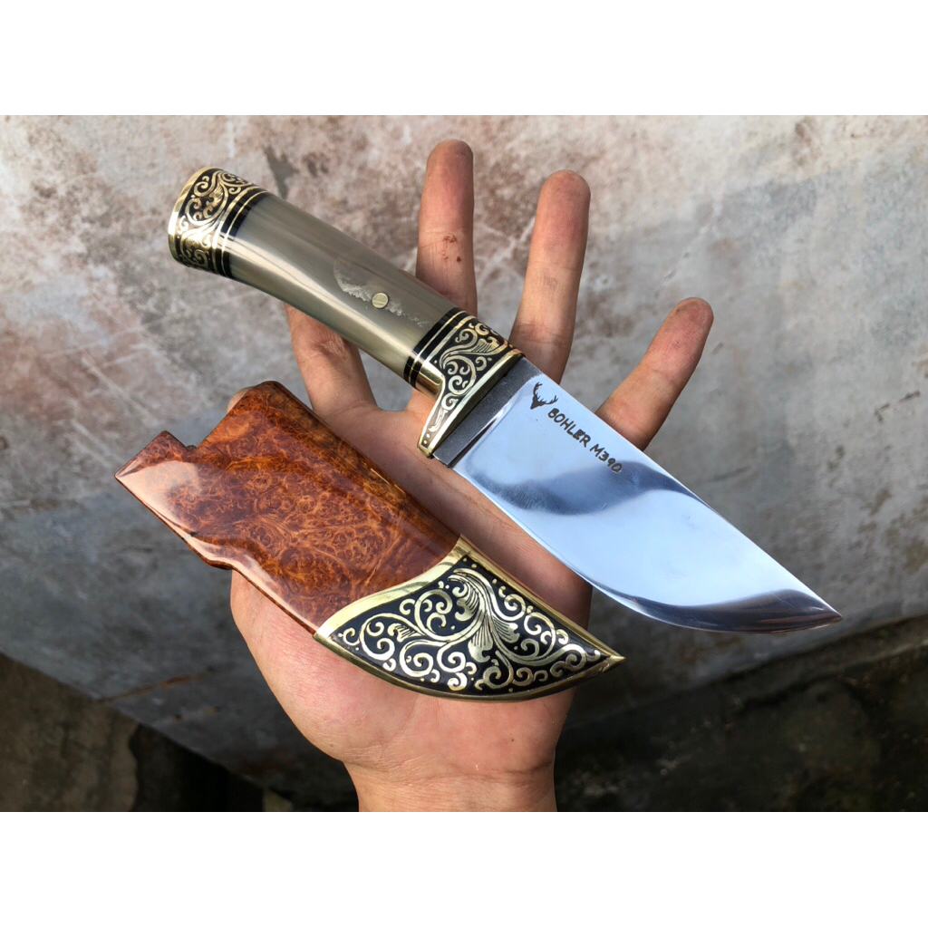 Pisau Seset Baja BOHLER M390 10cm 59HRC Tajam - Sarung Kayu burl Red, Gagang Tanduk, Fulltank di Pin