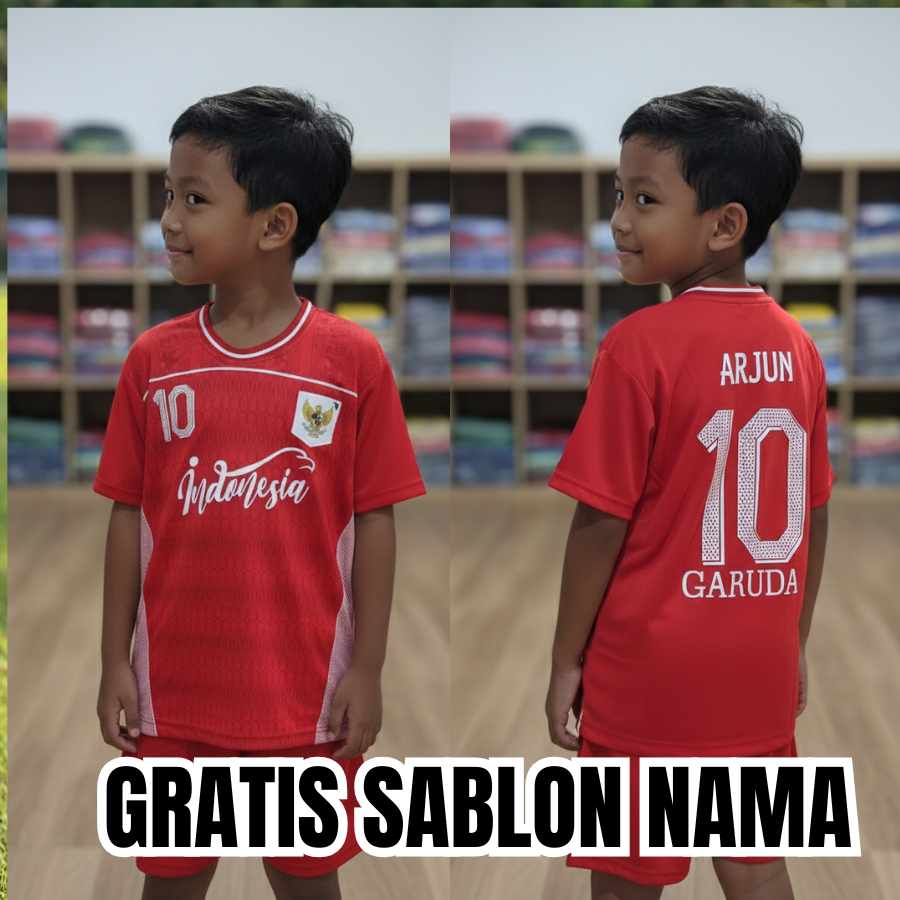 setelan baju kaos bola anak timnas indonesia murah gratis sablon nama usia 5-13thn