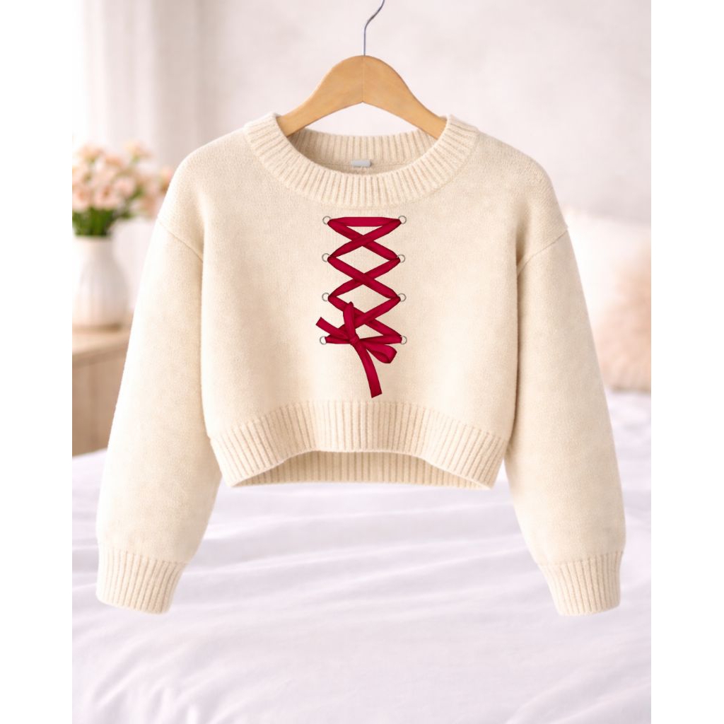 Sweater Crewnek Crop Anak Atasan Anak Baju Crop Top Anak Kekinian Korean Style Motif Tali Sepatu Ana