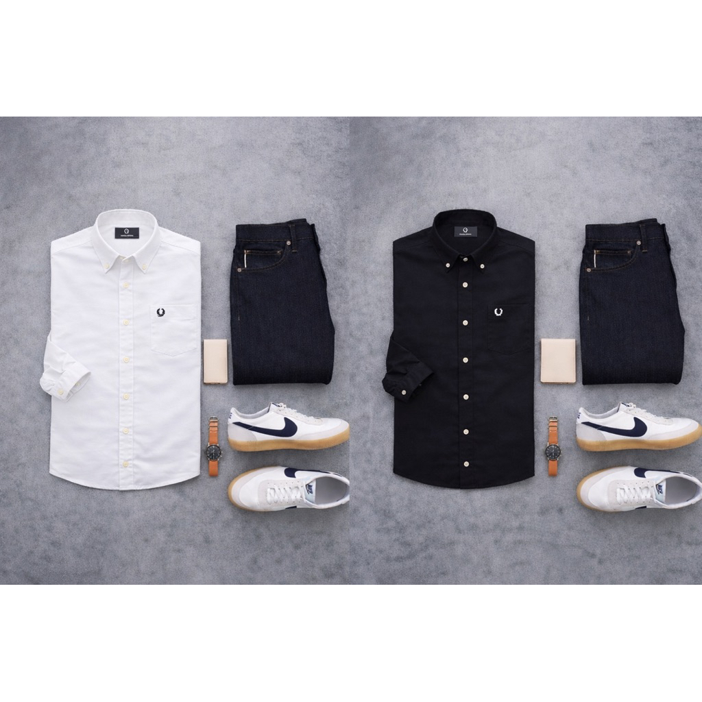 Kemeja panjang hitam putih polos pria padi / fred perry