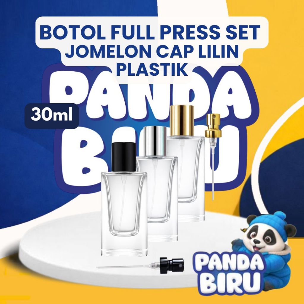 Botol Parfum Full Press set Jomelon Trans 30ml Cap Lilin Plastik - Botol Minyak Wangi - Panda Biru