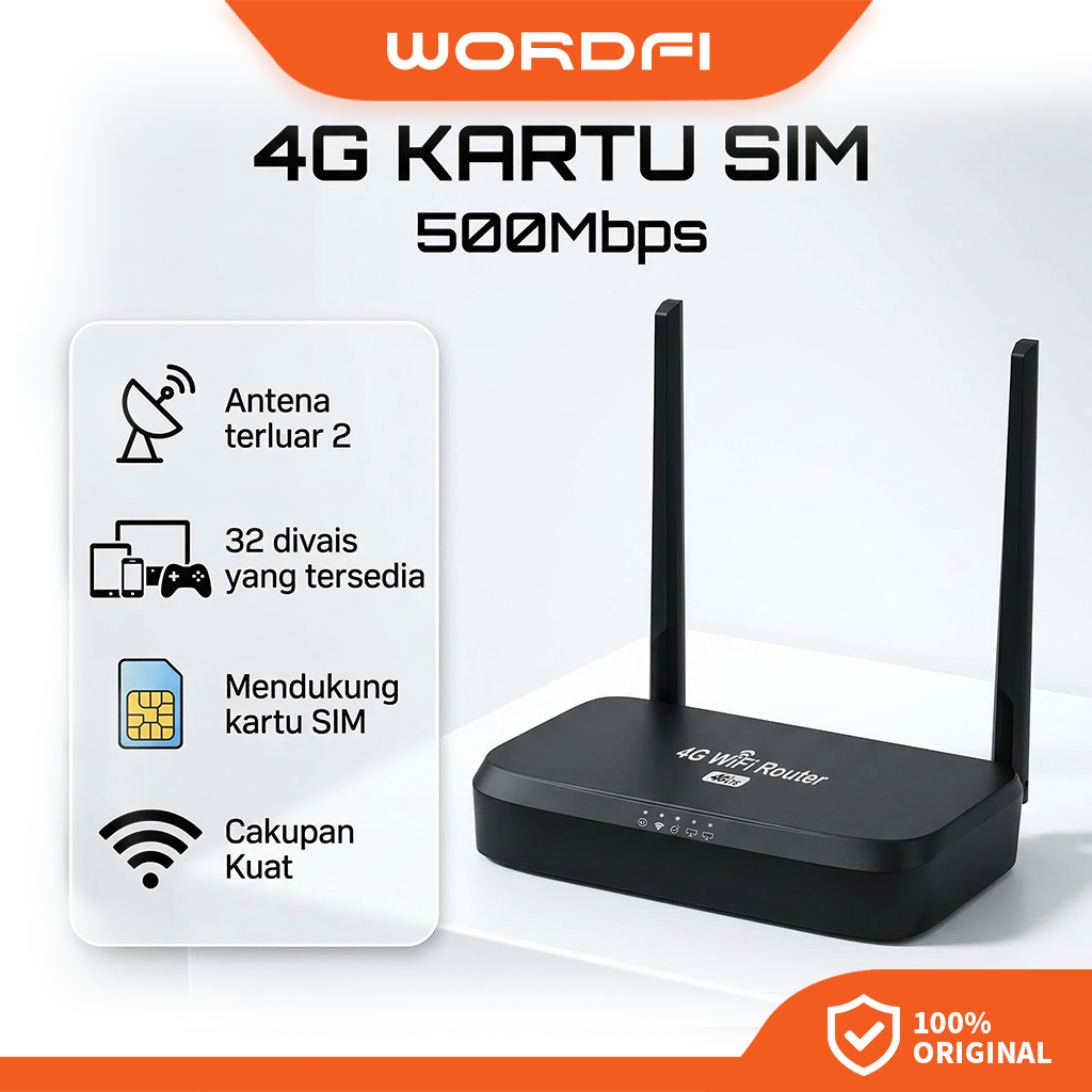 WORDFI|Router 4G LTE|Modem kartu SIM|Wi-Fi N|Dilengkapi adaptor