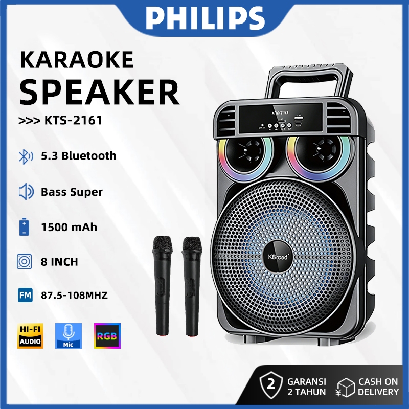 KBroad Speaker Bluetooth 5.3 KTS-2161/2199 8 Inch Super Bass Portable Speaker Karaoke + 2 Mic USB/FM