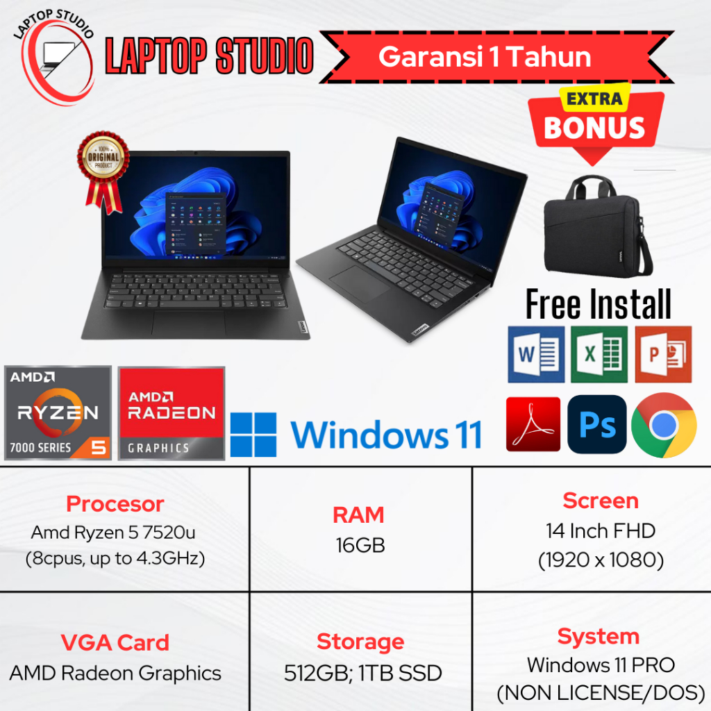 Laptop Lenovo V14 G4 AMN Amd Ryzen 5 7520u(12 Cpus up to 4,3Ghz) SSD