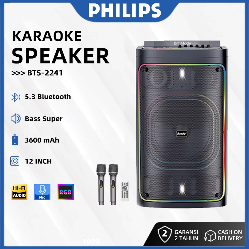 Bluetooth Speaker Brodu BTS-2241 12 Inch + 2 Mic Wireless Lampu RGB Bass Gebrakan Cocok Party/Karaok