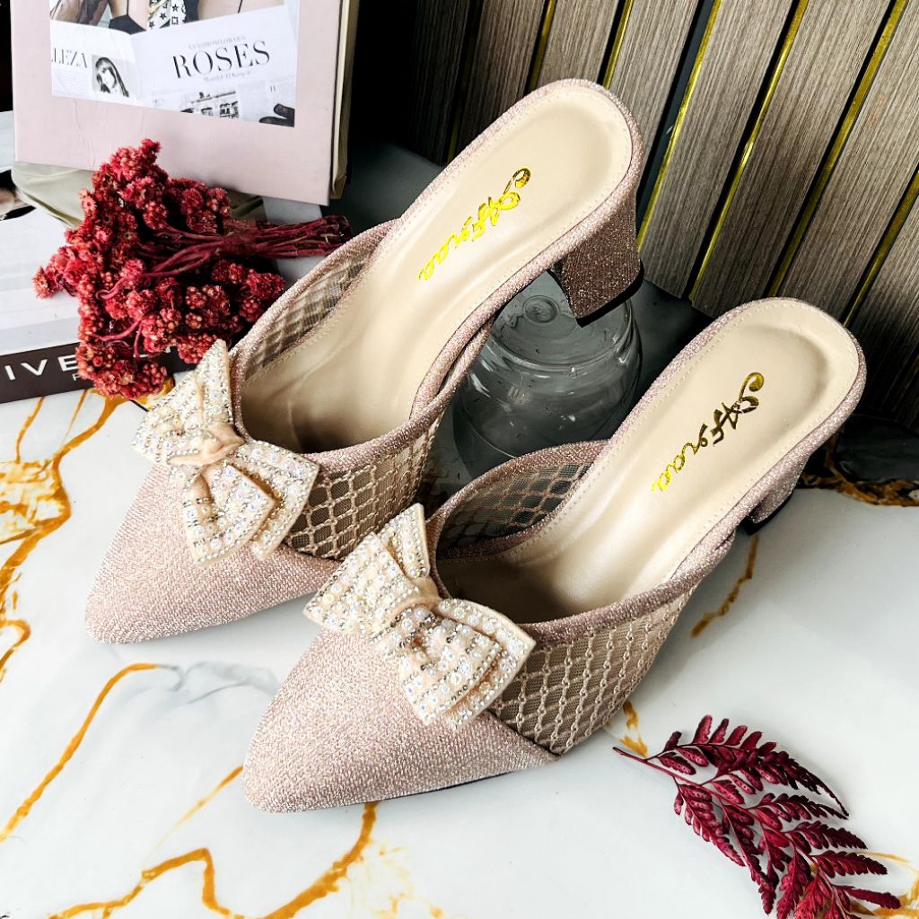 Sepatu sendal Wanita Pesta Wedding Hak 7 Gliter Berpita