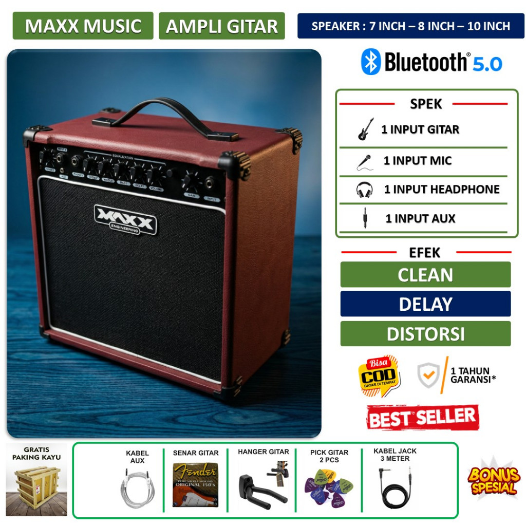 Ampli gitar dan bass 7 inch 8 inch 10 Inch bluetooth 3 input bisa karaoke ada efek delay & distorsi 