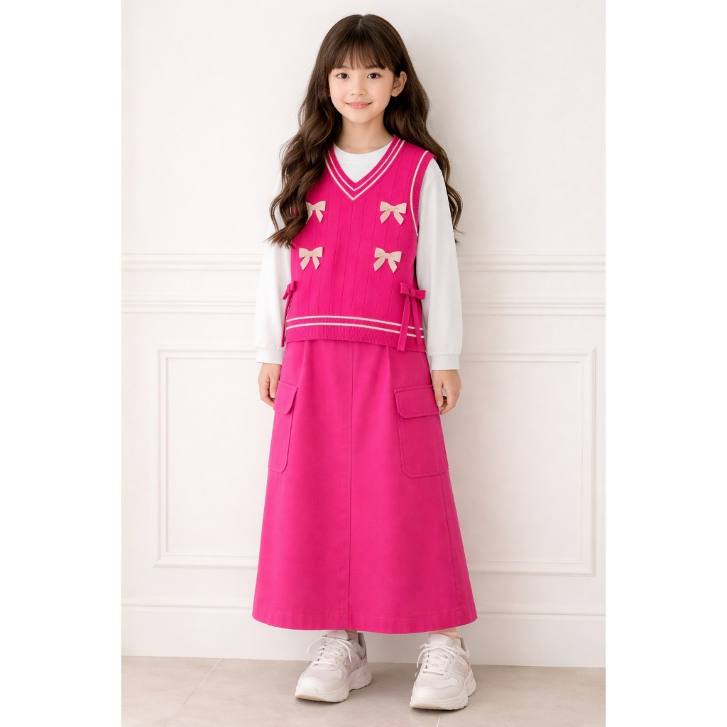 STELAN RAJUD ROK ANAK PEREMPUAN 3 IN 1 ( ROMPI+BAJU+ROK ) WARNA PINK FANTA USAI 6 TAHUN - 14 TAHUN